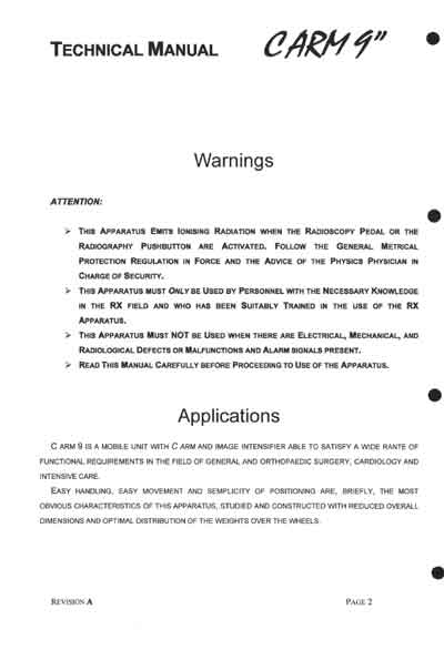 Инструкция по применению и обслуживанию, User and Service manual на Рентген C ARM 9 Carmex