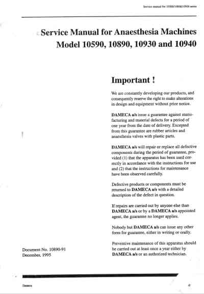 Сервисная инструкция, Service manual на ИВЛ-Анестезия Model 10590, 10890, 10930, 10940