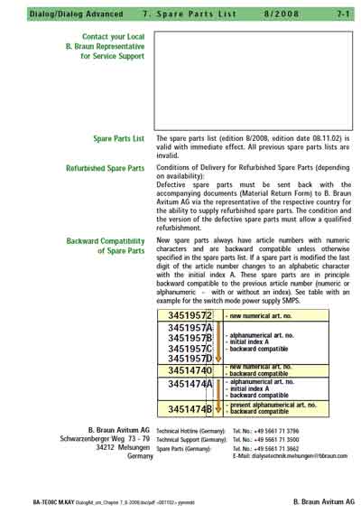 Каталог (элементов, запчастей и пр.), Catalogue, Spare Parts list на Гемодиализ Dialog/Dialog Advanced (Spare Parts List)