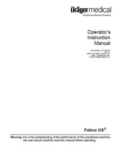 Инструкция по эксплуатации, Operation (Instruction) manual на ИВЛ-Анестезия Fabius GS