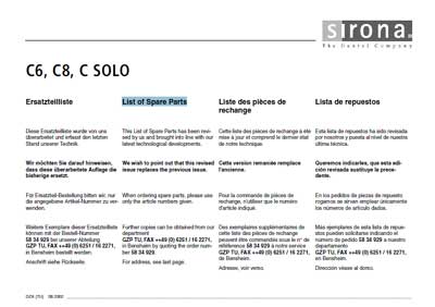 Каталог (элементов, запчастей и пр.), Catalogue, Spare Parts list на Стоматология C6, C8, C Solo (Spare Parts List)
