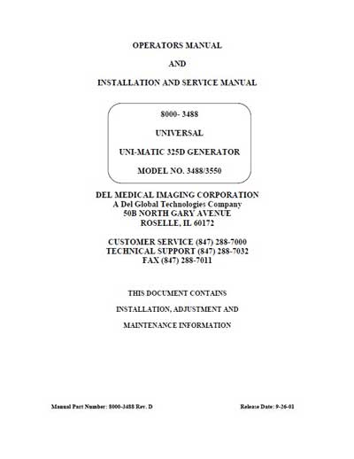 Инструкция по установке и обслуживанию, Servise and Installation manual на Рентген-Генератор Uni-matic 325D
