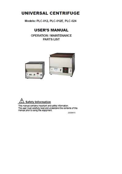 Инструкция по экспл. и обслуживанию, Operating and Service Documentation на Лаборатория-Центрифуга PLC-012, 012E, 024 (Gemmy)